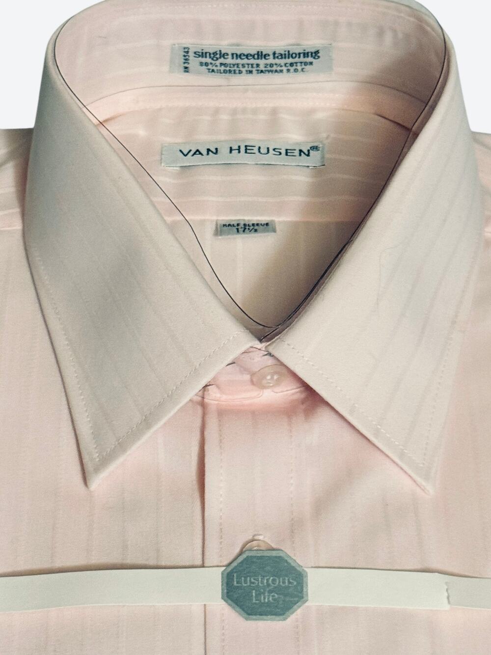 Mens Van Heusen Dress Shirt 17.5 Short Sleeve Pink Striped Lustrous Life NOS VTG